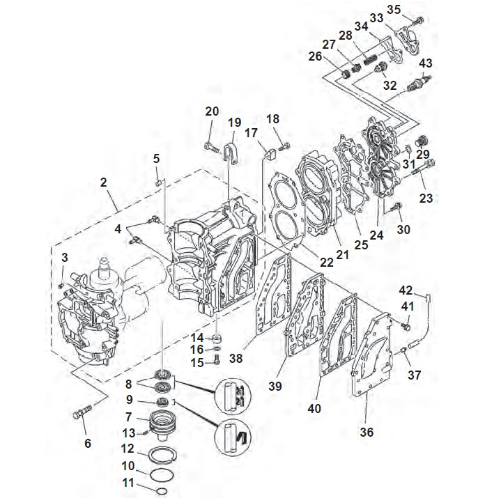 40 pk (2 cil.) Mariner (Yamaha model) Motorblok onderdelen (2-takt)